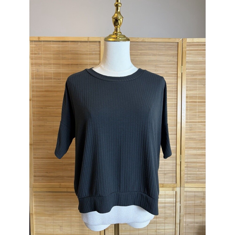 Women’s Black Ribbed Knit Crew Neck Short Sleeve Pullover Top Oversized Boxy